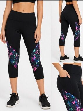 Fabletics High-Waisted Cropped Leggings Black Floral Panel — Size M